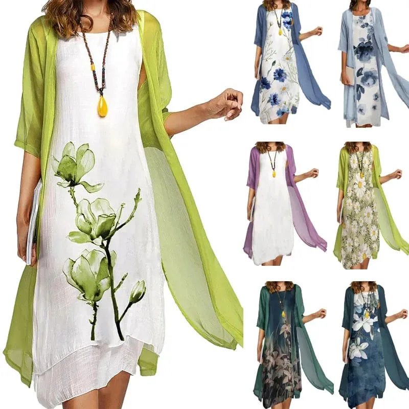 2025 new! Eu-us Summer Women's casual elegance 2 printed crew-neck loose dress sweater coat set — image 1