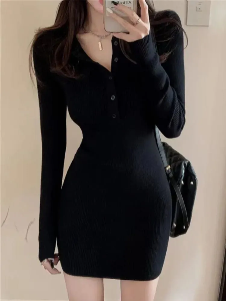가을 겨울 미니 드레스 여성 브이 넥 버튼 섹시한 스웨터 우아한 Bodycon 드레스 긴 소매 가운 짧은 치마 허리 솔리드 — image 3