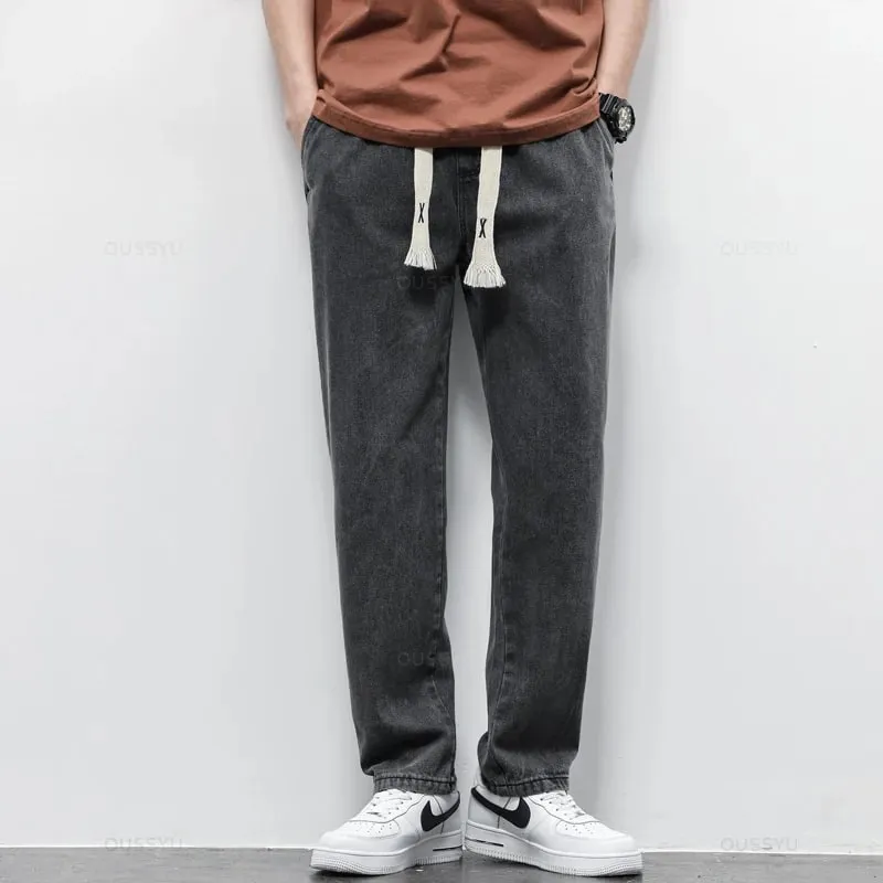High Quality Fully Elastic Waist Men's Jeans Cotton Soft Drawstring Straight Pants Korea Casual Trousers Male Plus Size S-5XL — image 5