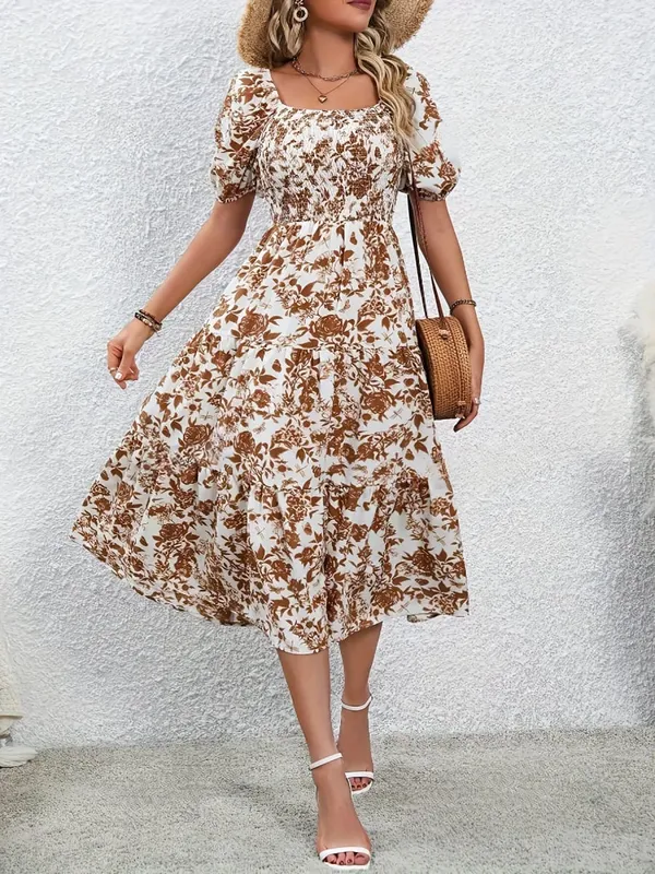 Elegancka długa sukienka z kwiatowym nadrukiem z kołnierzykiem i kwiatowym nadrukiem Sukienka maxi Moda damska Elegancki styl — image 6