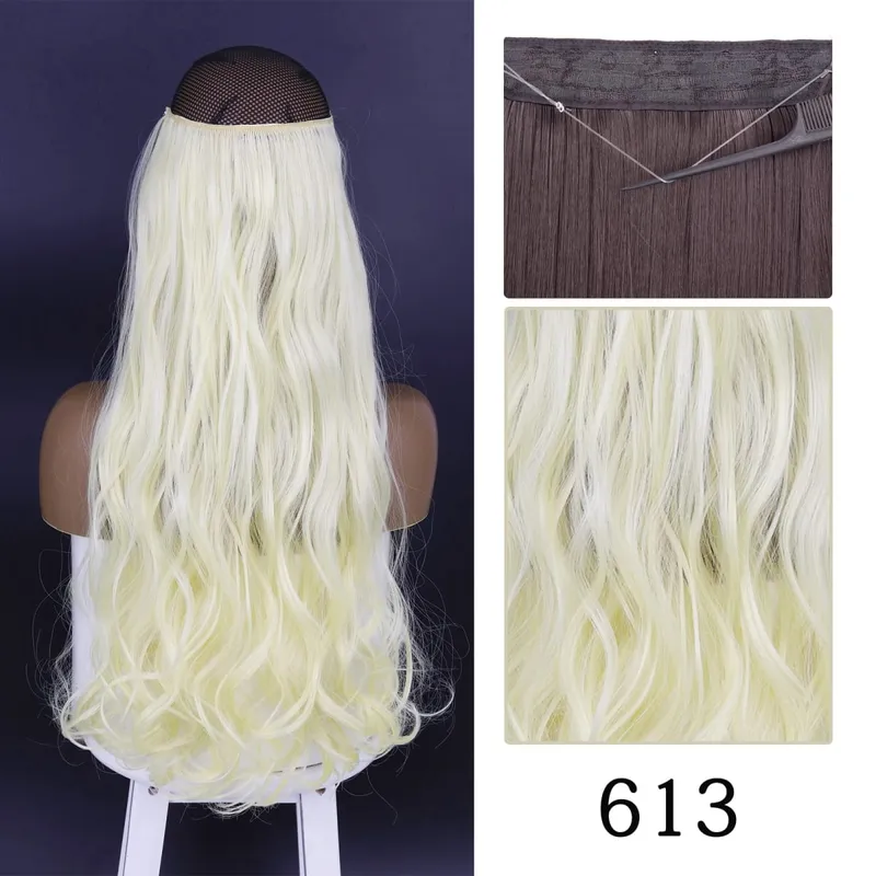 Synthetic No Clip Adjustable Fish Line Hair Extensions Natural Blonde Brown Long Wavy Heat Resiatant Hairpiece For Women