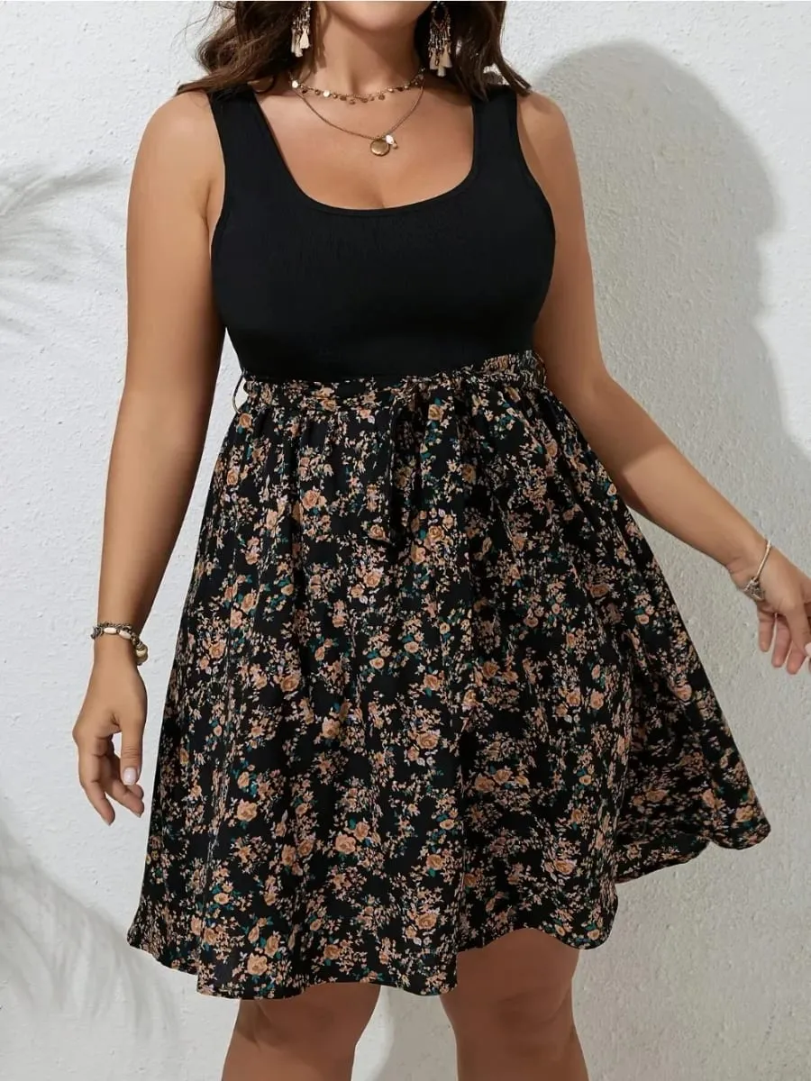 Plus Size Summer Dress Knit Floral Printed Dresses for Women Sleeveless Knee Length Big Size Tummy Control Casual Elegant Dress — image 5