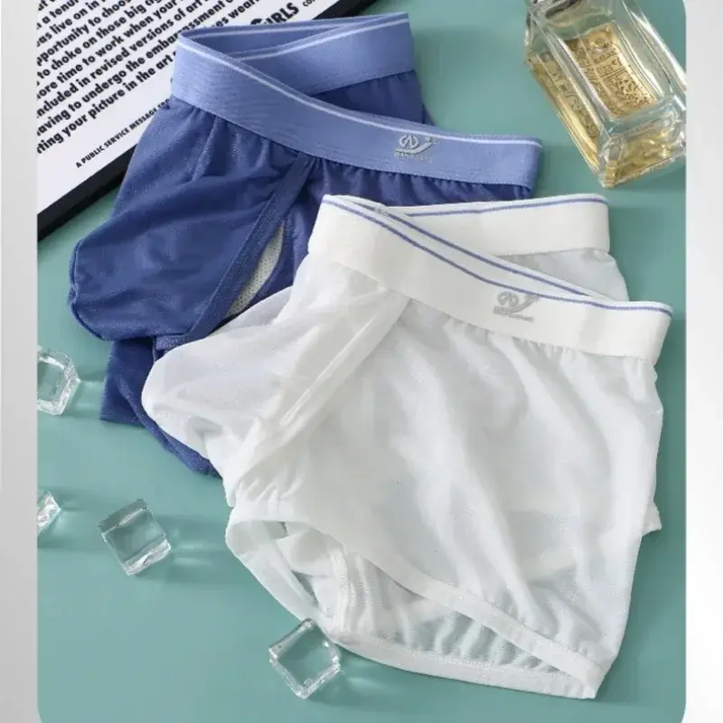 1pc/2pcs Men's Ice Silk Boxers Briefs Sexy Elastic Low Waist Underwear Open Front Soft Pouch Shorts Trunks
