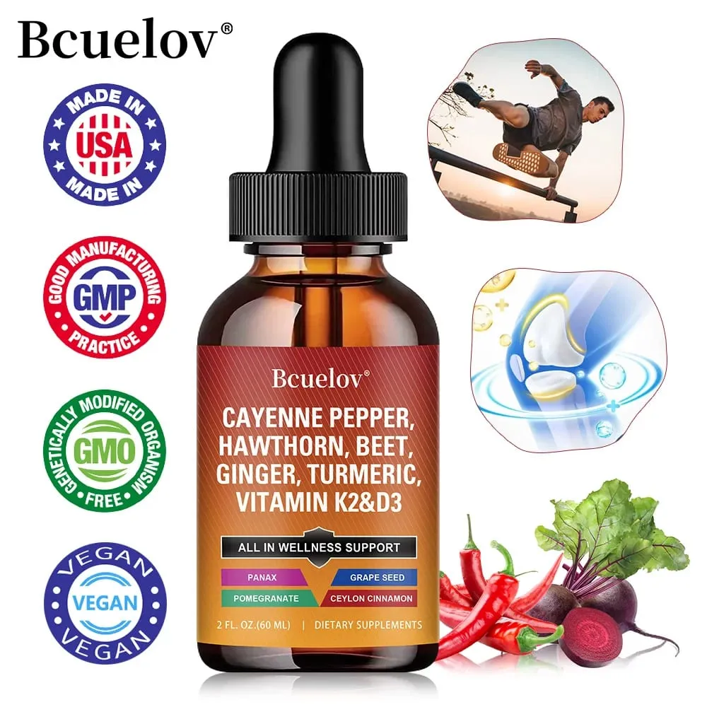 Cayenne Pepper Liquid Drops + Hawthorn Vitamin D3 K2 Ceylon Cinnamon Turmeric Organic Ginseng Supplement for Gut Health — image 2