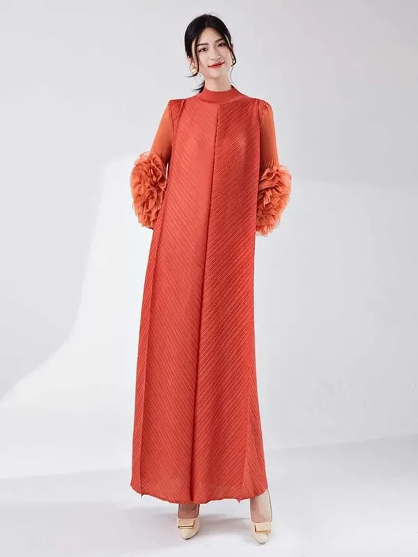 Long Pleated Dress With Ruffles Sleeves Loose Solid Color Stitching Female Party Clothing Summer New Clothes 2DA5900 — image 8