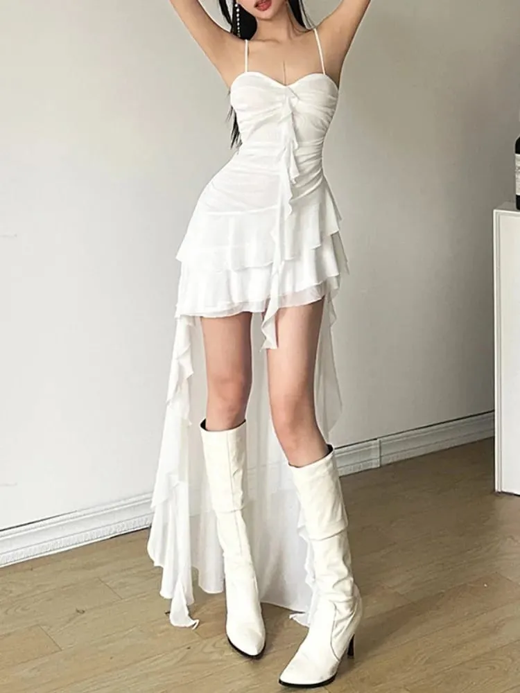 2026 Y2k Thẩm Mỹ Không Đều Xù Lông Đầm Sexy Hở Lưng Bông Tai Kẹp Xếp Ly Áo Dạo Phố Áo Ôm Body Đầm Maxi De Femme — image 3