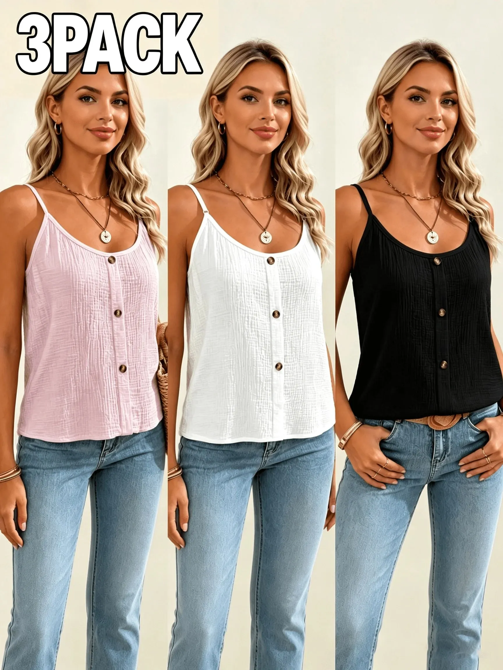 Summer Solid Color Stretchy Comfortable Camisole Tank Top 3pcs Set for Home Outings Travel and Vacations
