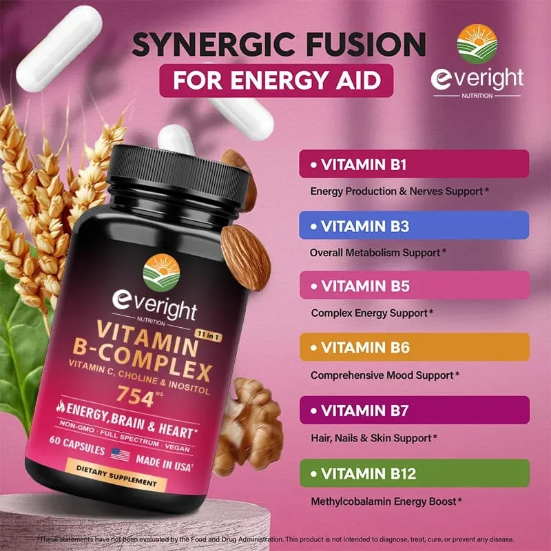 Vitamin B Complex for Energy Brain & Heart Support - with B1 B2 B3 B5 B6 B7 B8 B9 B12 with Vitamin C Choline Inositol — image 3