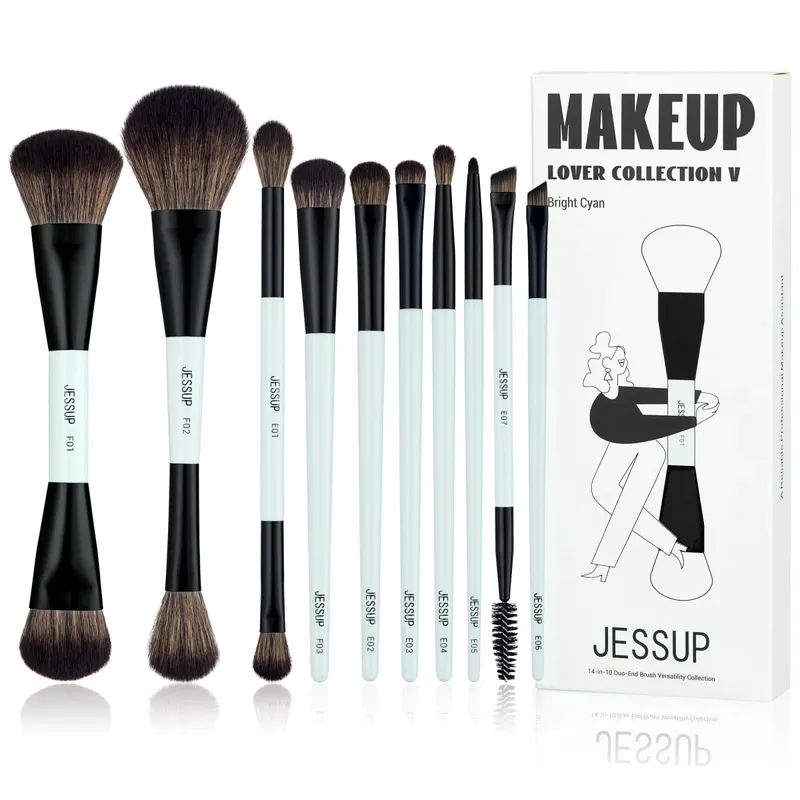 Jessup Makeup Brush Set Double Sided Makeup Brushes Foundation Contour Blush Blending Eyebrow Shadow Fiber Bright Cyan T501