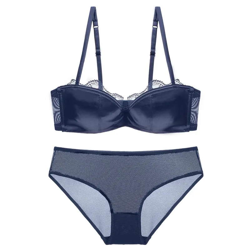 French Lace 1/2 Thin Cup Sexy Bra Set Women Seamless Underwear Push Up Brassiere Breathable Mesh Panties Sets Plus Size Lingerie