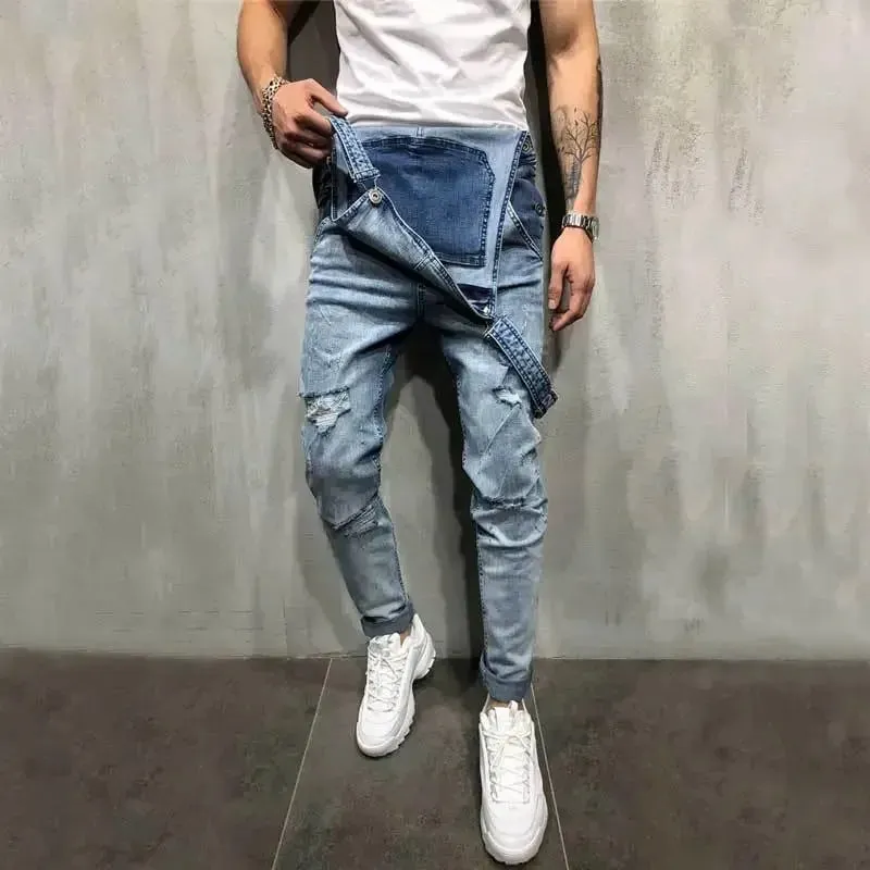 Men Jeans Jumpsuits Denim Overalls Distressed Pockets One Piece Pencil Pants Solid Washed Ankle Length Safari Style Spliced — image 7