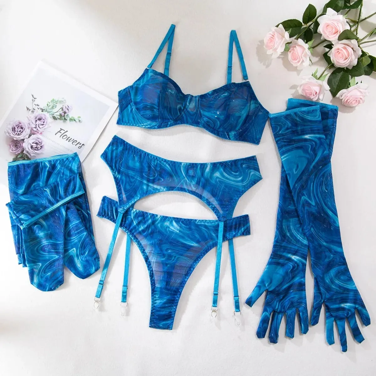 Sexy Perspective Breast Gather Printed Lingerie Set with Gloves Leg Set for Women's Five Piece Set Female Fun Bra & Brief Sets — image 1