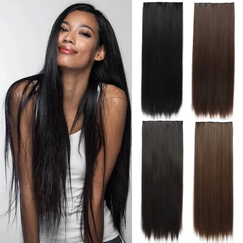 32inch Synthetic Hair Extensions One Piece 5 Clips Long Straight High Temperature Fiber Black Brown Hairpiece — image 2