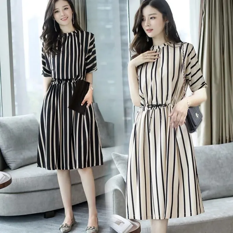 Striped Short-Sleeved Casual Midi Dress Summer Aesthetic Clothes Korean Fashion Casual Office Lady Dresses for Women Vestidos — image 1