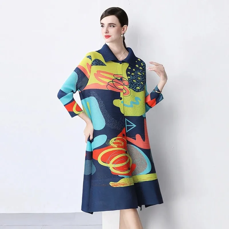 Miyake Pleated Drape Dress Women 2024 Jaro Léto Colorblock Potisk Klopa 3/4 rukáv Jednořadé módní košilové šaty — image 7