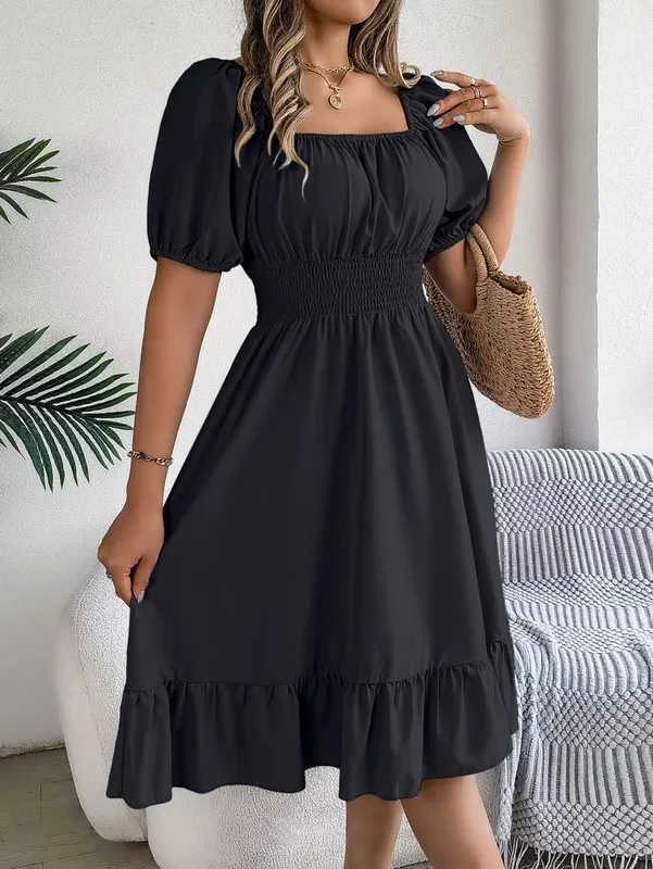 Spring Summer Elegant High Waisted Dress Square Neck Short Sleeved Ruffled Edge Long Dresses 2026 Valentine's Day Woman Clothing — image 10