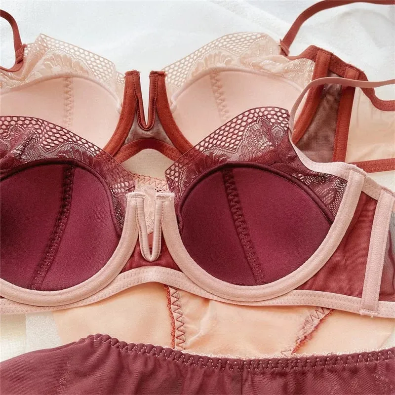 Summer Women Underwear Sexy Lace Deep V Push Up Bra Set Comfortable Underwie Bralette Female Plus Size Thin C D E Cup Lingerie — image 2