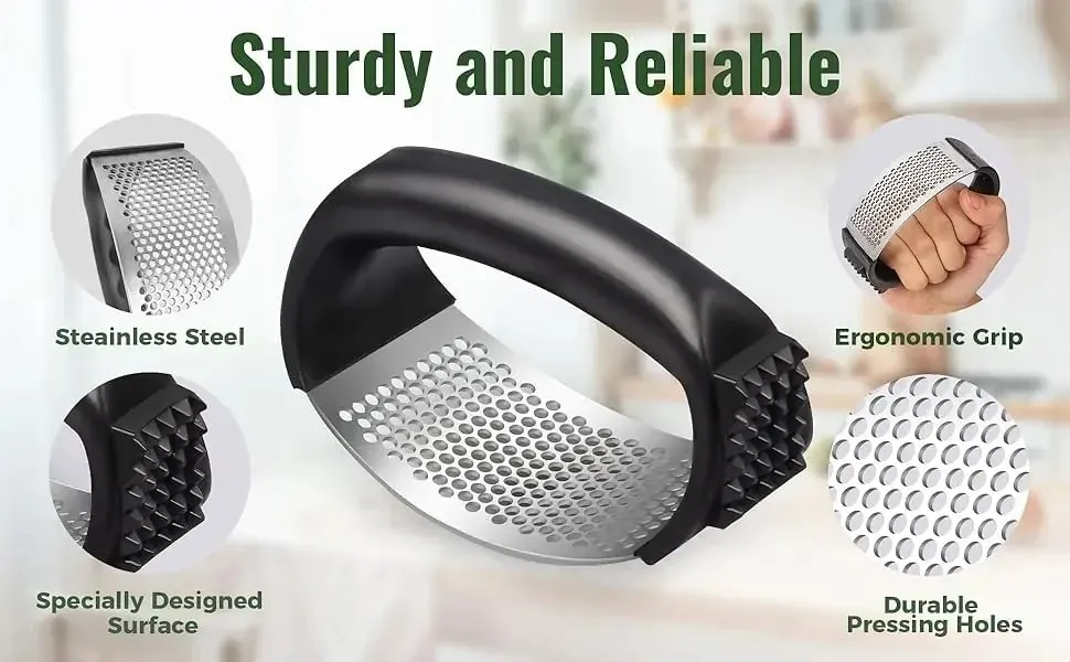Stainless Steel Garlic Press Rocker Garlic Mincer Garlic Crusher Easy-Squeeze Tool with Peeler and Cleaning Brush for Smashing — image 8