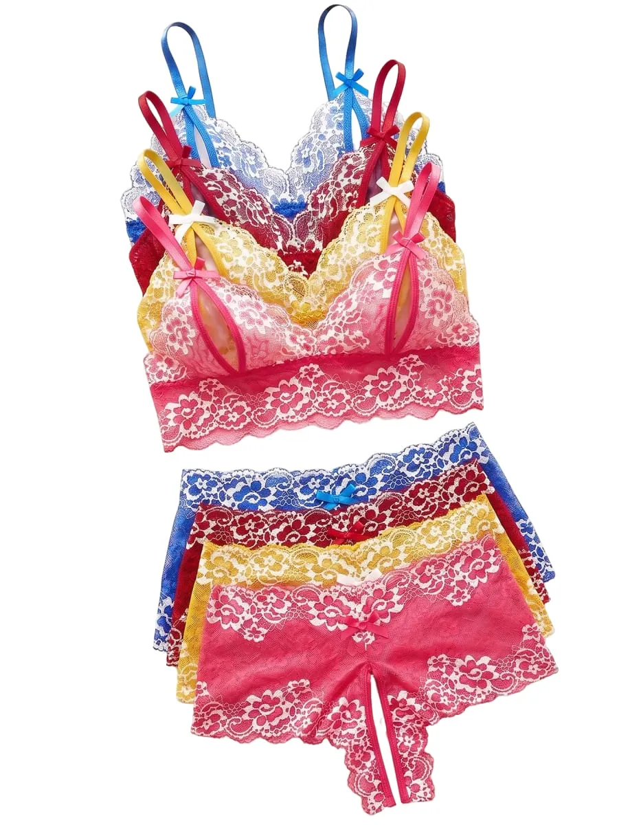 4 Sets Combined Romantic Lingerie Open Bra Transprent Underwear Set Crotchless Lace Pullover Outfits Embroidery No Pad Wireless