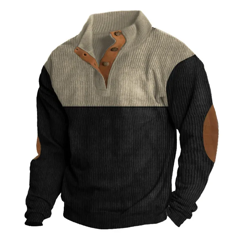 Men's Hoodies Spring And Autumn Corduroy Casual Patchwork Stand Collar Button Sports Hoodie Man Clothing — image 10