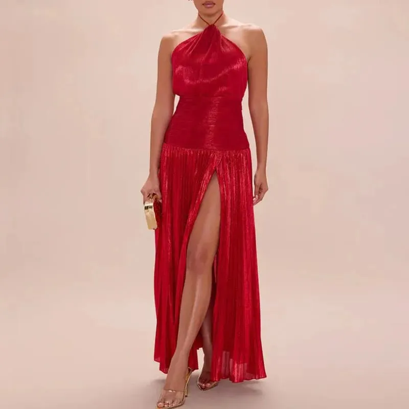 Zlaté sexy ohlávkové šaty s vysokými dělenými róbami Večerní šaty Dámské elegantní Jednobarevné duté řasené dlouhé šaty Jaro Léto Maxi šaty na zip bez zad — image 14
