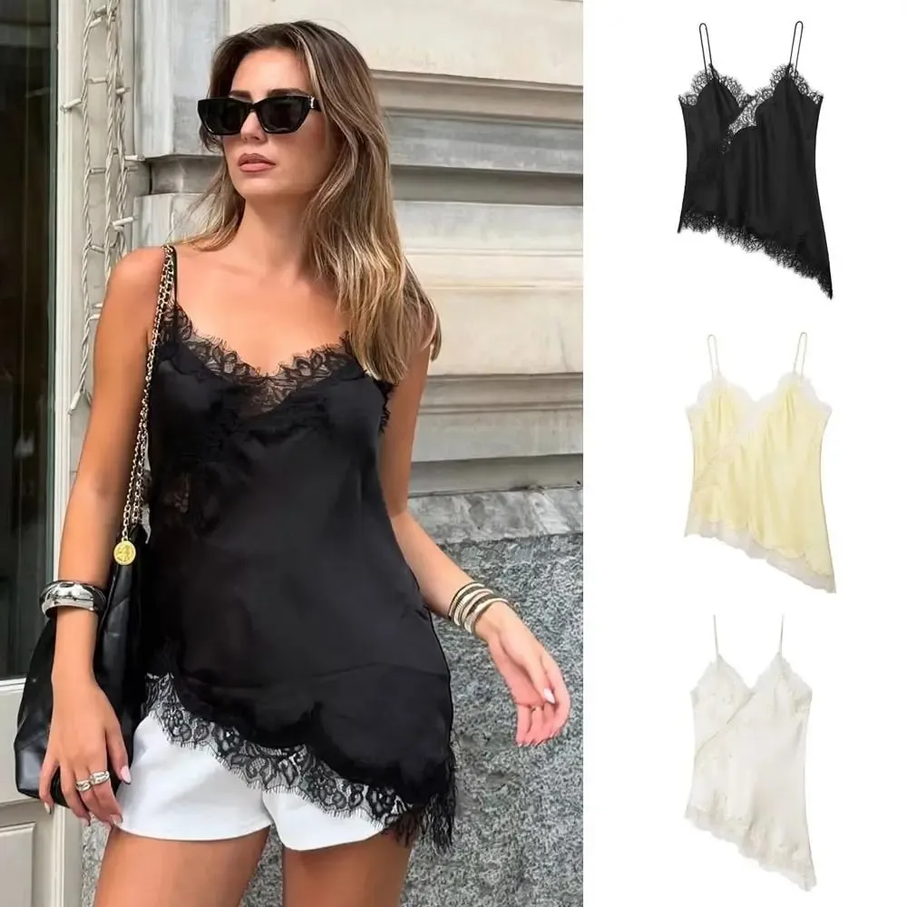 Elegantní asymetrický krajkový patchworkový top bez rukávů košilka bez zad s výstřihem do V sexy krajka dámské tílko letní oblečení — image 2