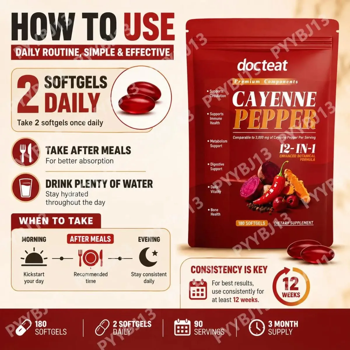Docteat Cayenne Pepper softgels s vitaminem D3 a K2 pro energetický metabolismus a podporu trávení Antioxidační obrana 180 měkkých gelů — image 5
