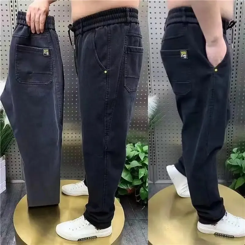 Harajuku Stretch Korea Streetwear Loose Solid Denim Jeans Elastic Waist for Men Spring Summer New plus size 7XL 8XL Casual Pants — image 5