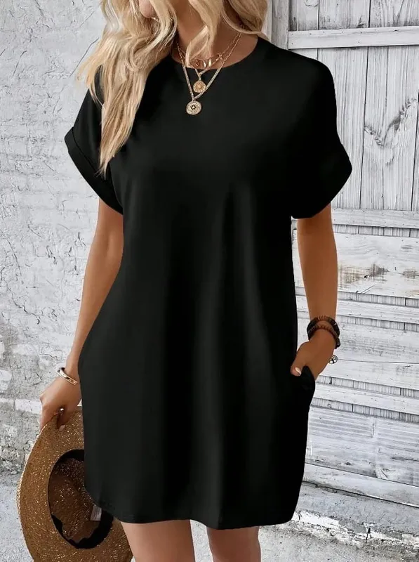 Fashion Boho Resort Style Beach Dresses For Women 2024 New Summer Solid Color O Neck Loose Short Sleeve Pocket Mini Dress Femme — image 9
