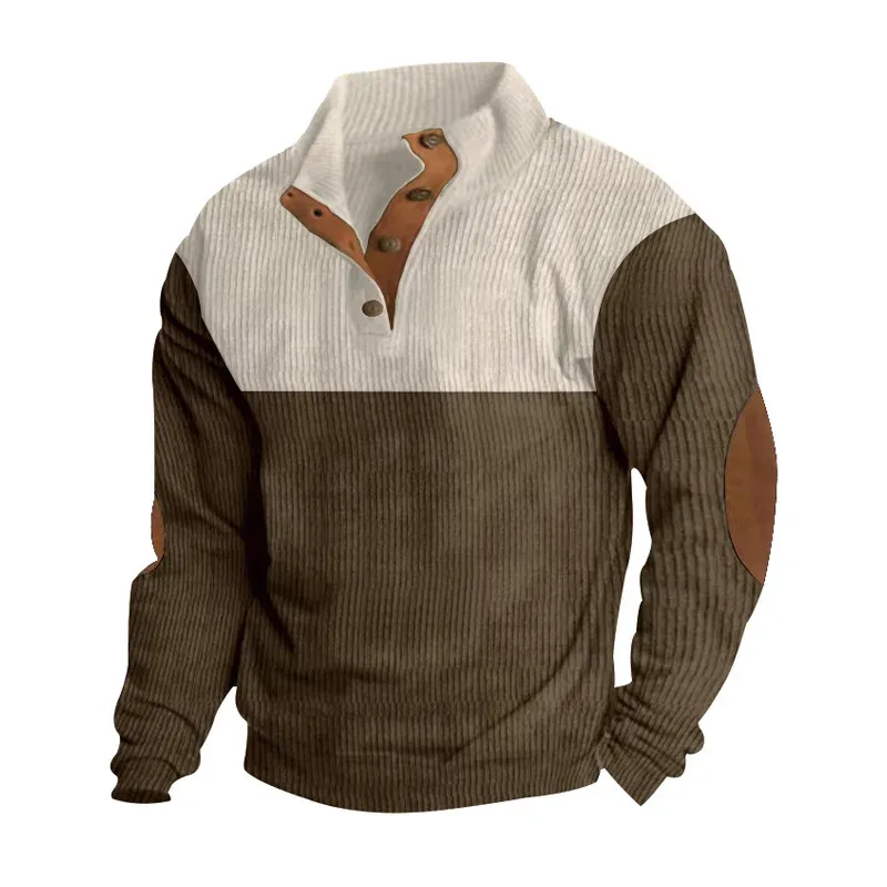 Men's Hoodies Spring And Autumn Corduroy Casual Patchwork Stand Collar Button Sports Hoodie Man Clothing — image 6