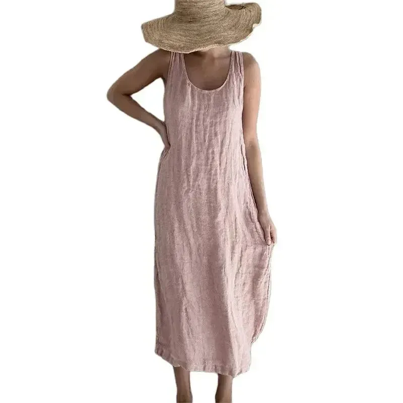 Women Comfortable Casual Cotton Linen Dresses 2026 Summer Solid Color Side Pockets Dress Female O Neck Pullover Sleeveless Gown — image 1