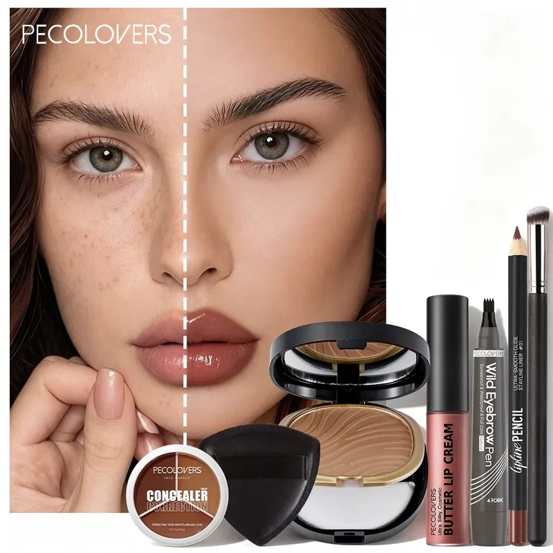 7PCS Face Makeup Set Long‑Lasting Concealer Contour Powder Lip Cream Waterproof Eyebrow Pen With Makeup Brush