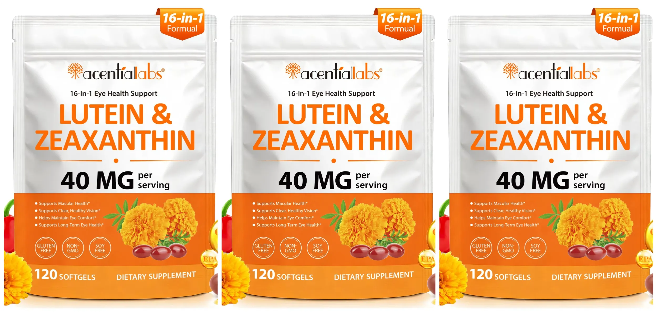Acentiallabs Lutein Zeaxanthin Softgels 40mg Lutein & 8mg Zeaxanthin 120 Count Blue Light Filter Macular Protection Eye Care