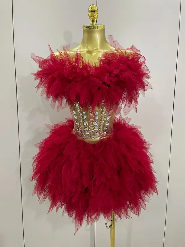 2025Women Sexy Backless Strap Mesh Fluffy Skirt 2 Pieces Diamond Sequins Stage Performance Costume Birthday Party Shooting Dress — image 5