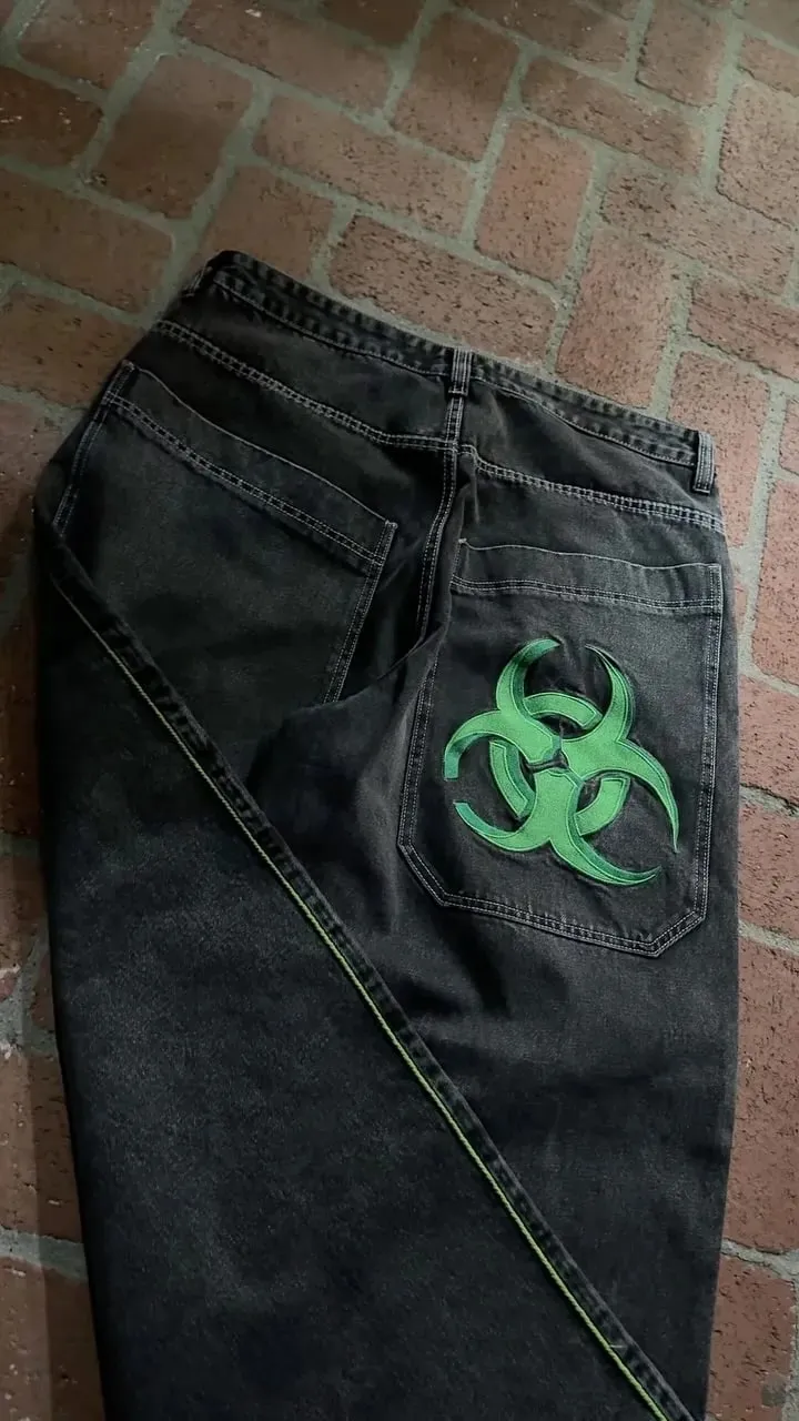 Y2K Gothic Nuclear Waste Embroidery Jeans Punk Straight Wide-leg Denim Pants Men Fashion Hip Hop Retro Baggy Jeans Streetwear — image 6