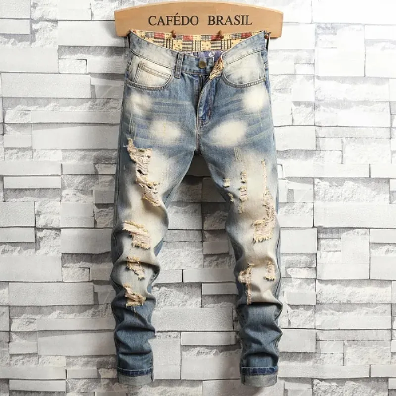Distressed Ripped Jeans Men's Retro Blue Fashion Slim Motorcycle Trousers Male Hip-hop Street Male Hole Denim Pants — image 5