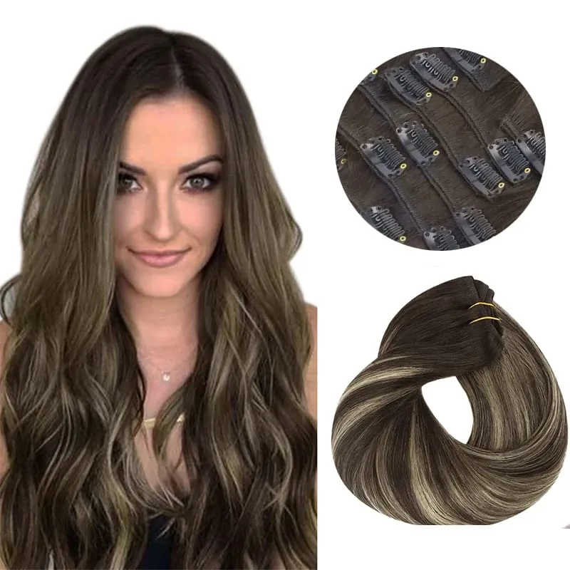Sunmofavo Clip In Human Hair Extensions Straight Natural Light Brown Honey Ombre Balayage Black Hair Pieces For Women Full Head