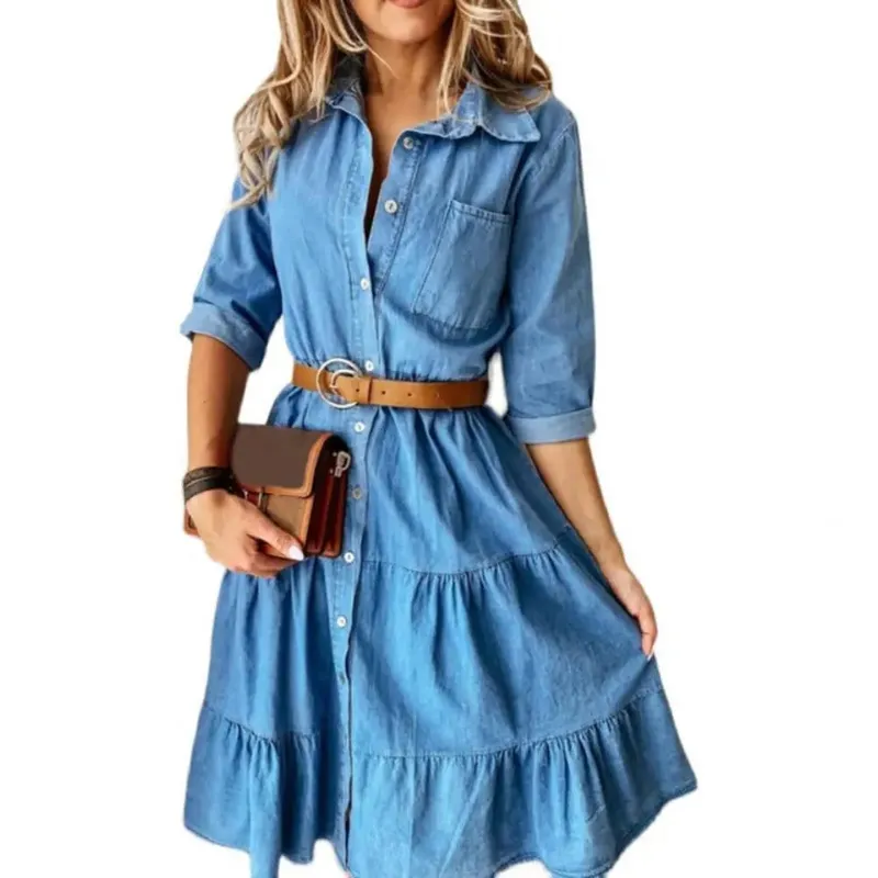 Denim Dress Three Quarter Sleeve with Belt Turn-down Collar Spring Autumn Buttons Ruffle Jeans Dresses for Women 2025 — image 5