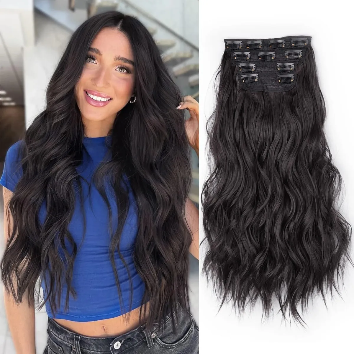 linwan Clip In Hair Extensions 4 PCS Full Head 20 Inch Long Curly Wavy Synthetic Hair Pieces Natural Wavy For Women Girls Hair — image 9