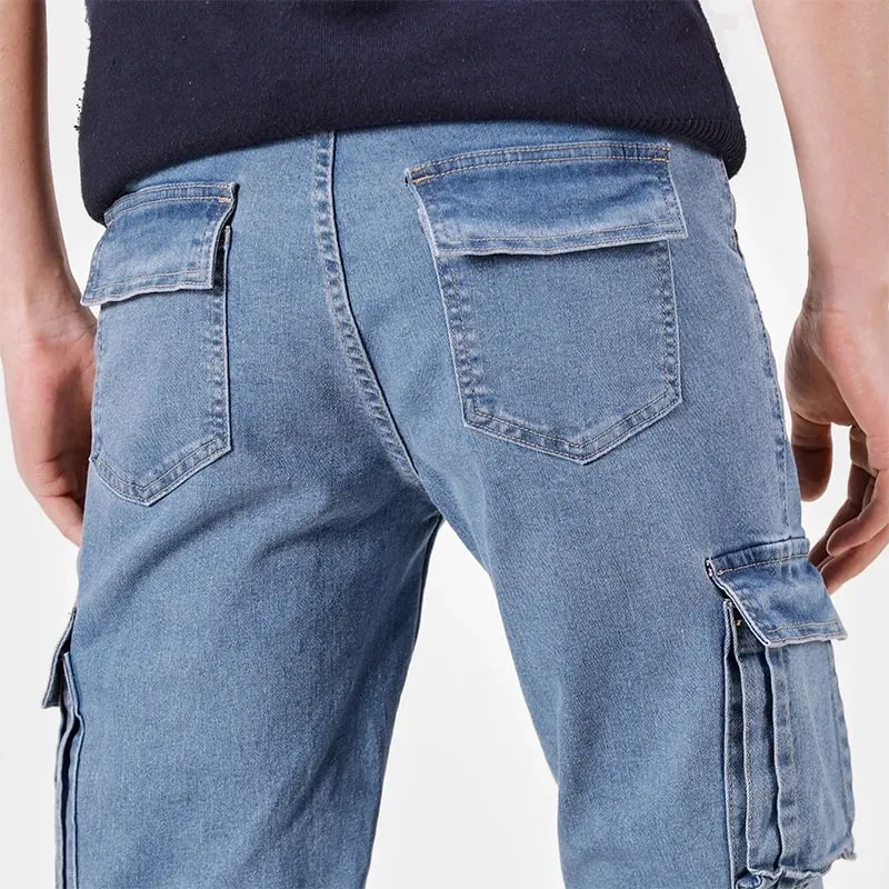 Men's Street Style Elastic Waist Denim Cargo Pants Solid Color Washed Slim Fit Casual Jeans with Multiple Pockets for Daily Wear — image 1