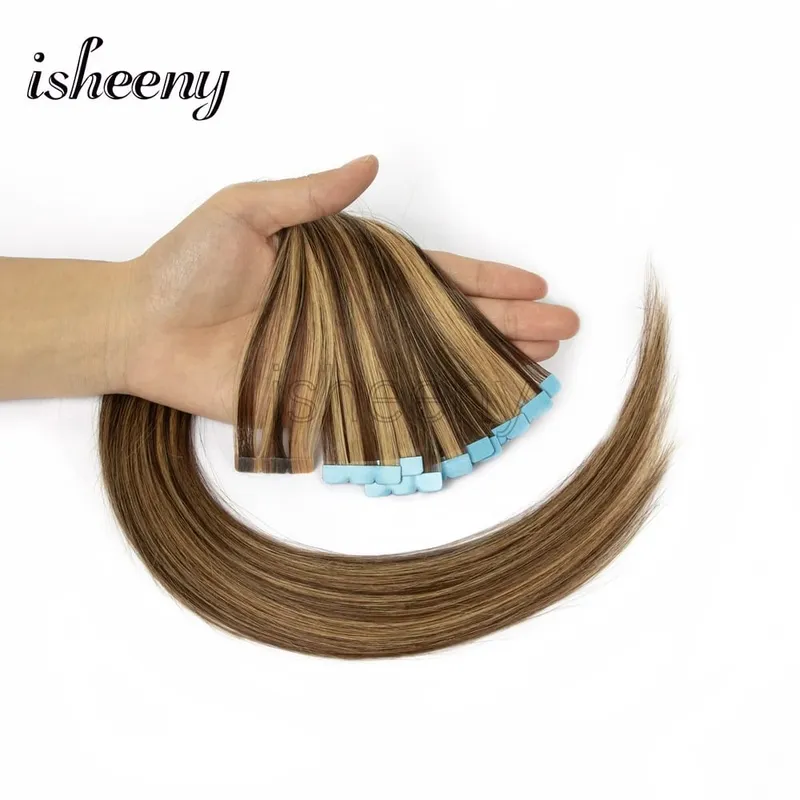 Isheeny Mini Tape In Human Hair Extensions 12"-24" Machine Remy Skin Weft Adhesive Tape Hair Natural Black Brown Blonde Tape Ons