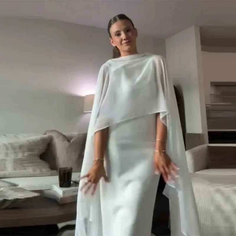 Stilfuldt hvidt sjal Slim Fit Maxikjole Damer Elegant Cape Sleeve Rund Hals Bodycon Vestido 2026 Lady Summer Chic festkåber