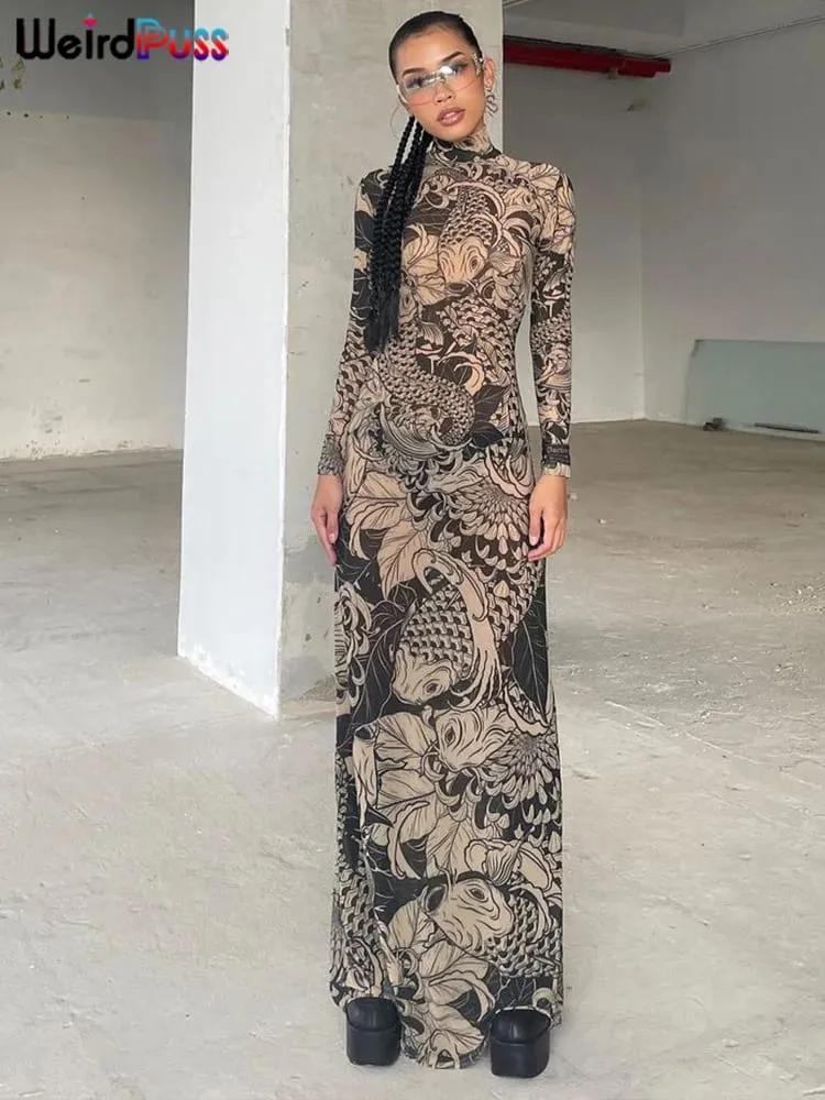 Weird Puss Mesh Print Frauen Maxi Kleid Rollkragen Volle Hülse Bodycon Herbst Trendy Hipster High Street Party Y2K Attirewear — image 3