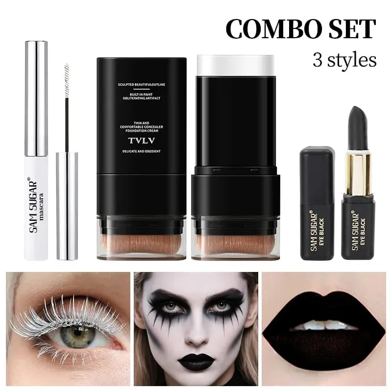 3PCS Halloween Makeup Kit Mascara White Foundation Stick Black Face Paint Stick Goth Vampire Skeleton SFX Cosplay Costume Party