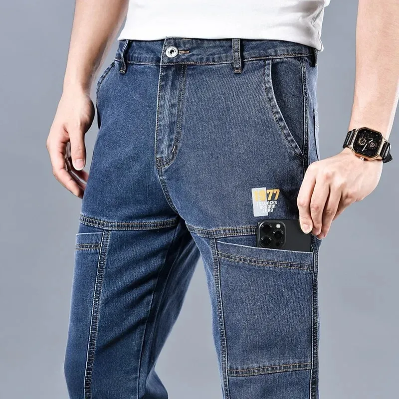 2024 Men's Summer Fashion Men's Jeans Multi-pocket Splicing Straight-leg Casual Denim Trousers Personalized Dark Blue Brand — image 2