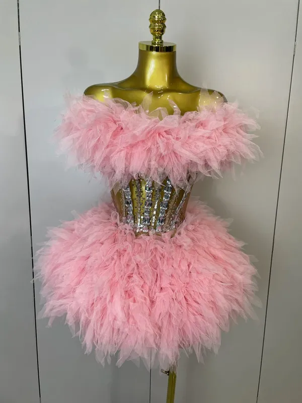 2025Women Sexy Backless Strap Mesh Fluffy Skirt 2 Pieces Diamond Sequins Stage Performance Costume Birthday Party Shooting Dress — image 2