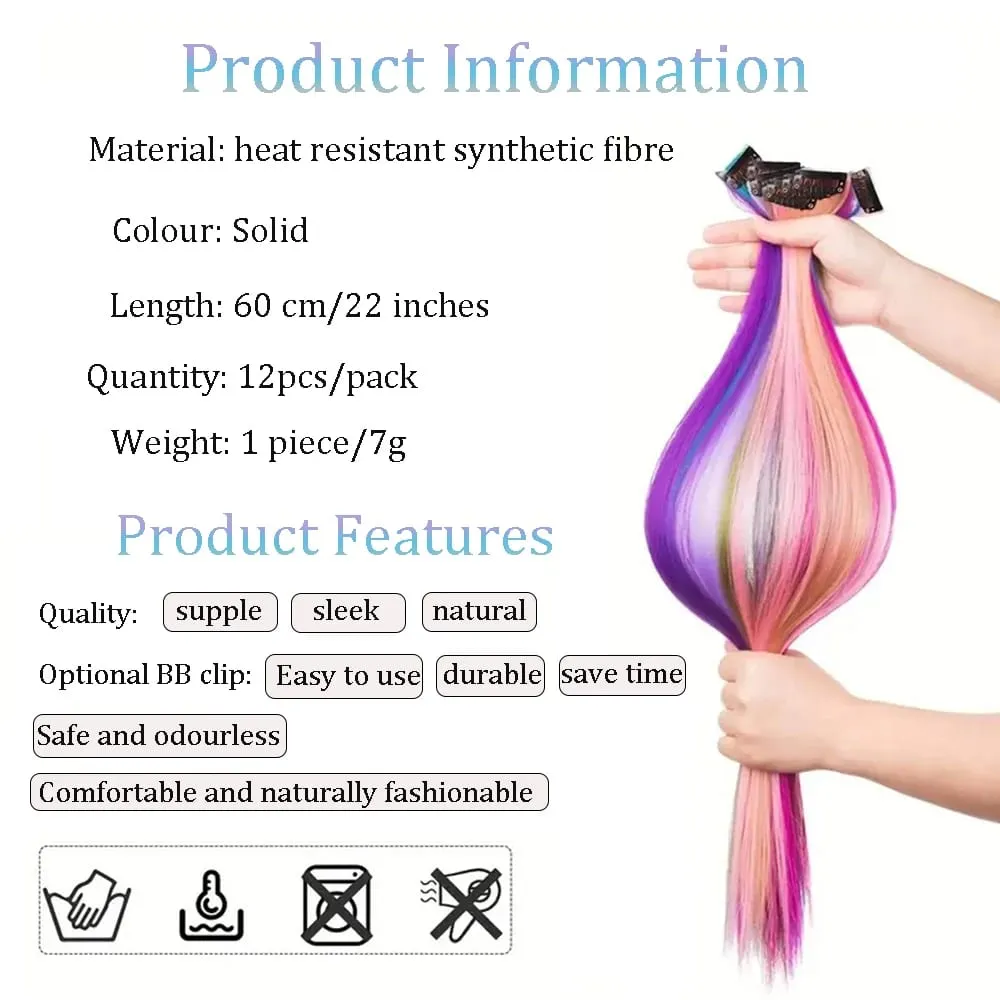 22 inches12pcs/pack Colored Party Synthetic Clip in Hair Extensions for Girls Multi-colors Straight Hair Synthetic Hairpieces — image 4