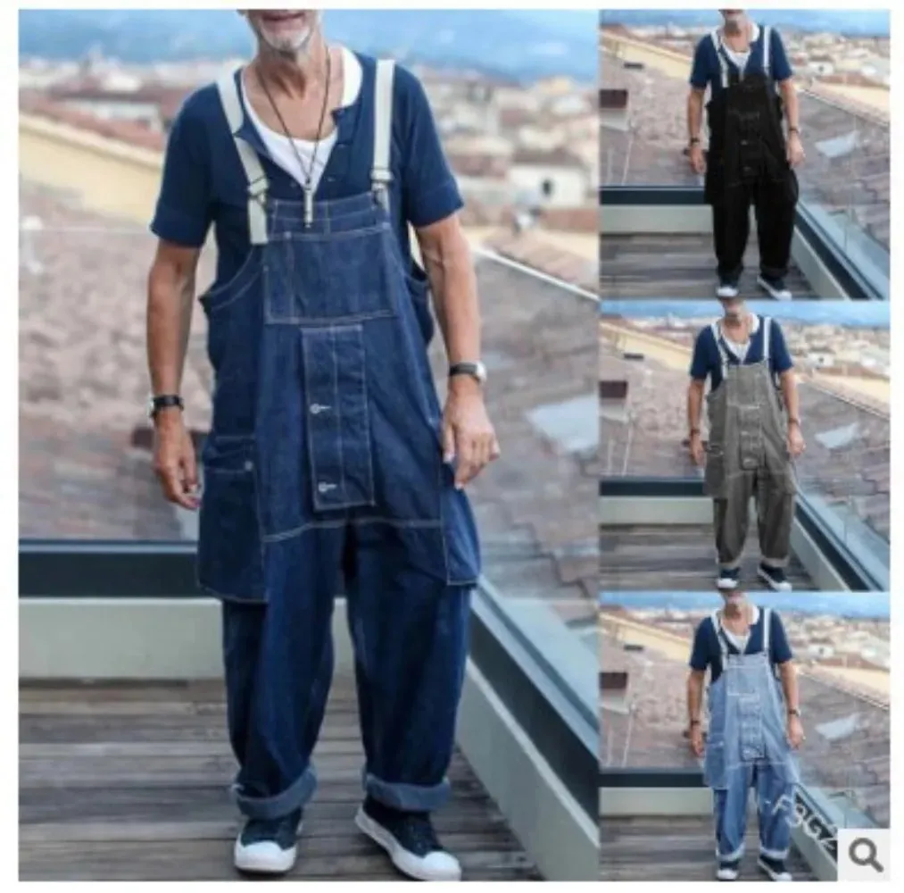 Streetwear Men Solid Color Multi Pockets Denim Overalls Loose Casual Washed Jumpsuit 2024 Male Suspenders Jeans Cargo Trousers — image 7
