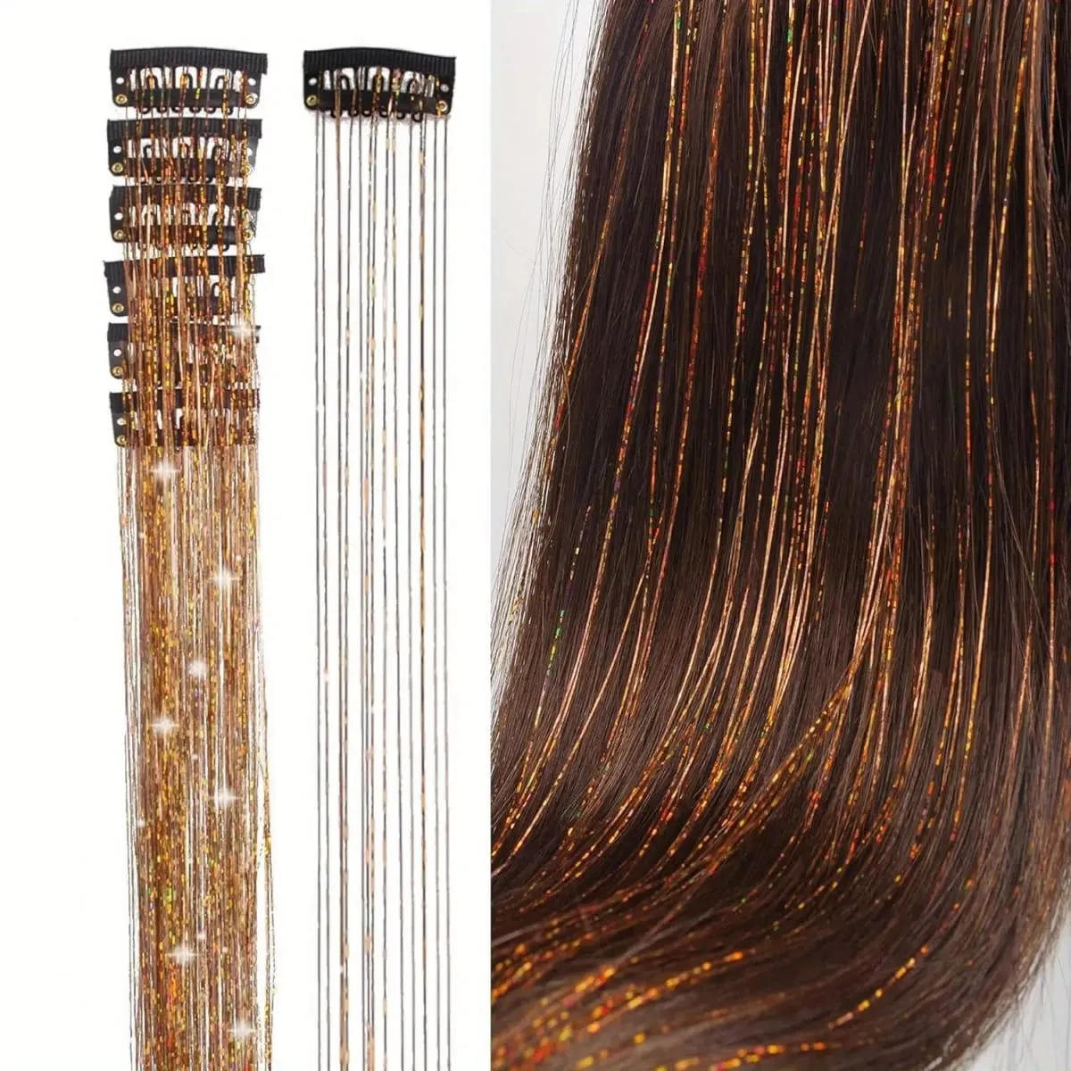 Color bright silk clip seamless hair extensions glitter gold silk dazzling laser wire color strips synthetic wigs — image 11