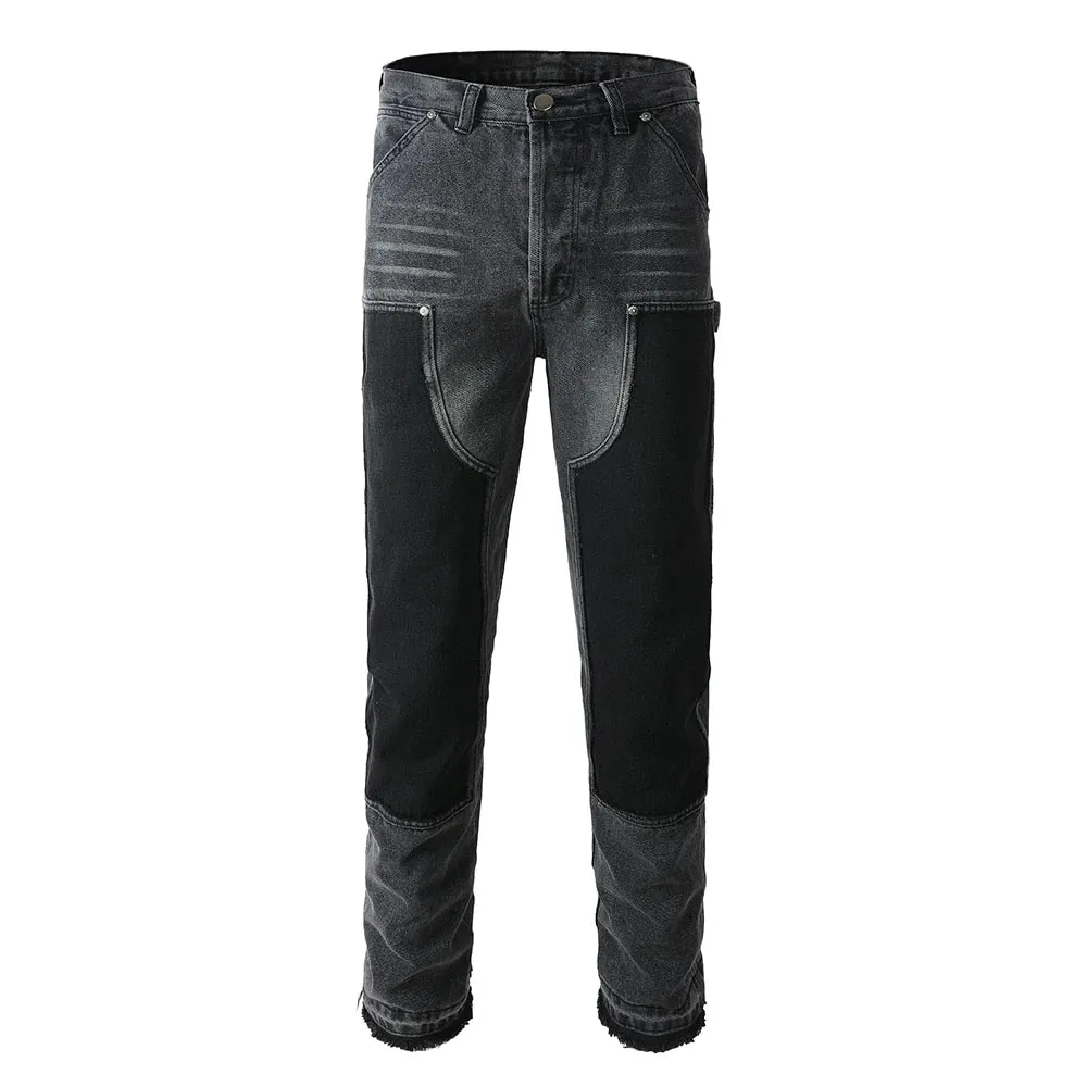 Men Patch Cargo Denim Jeans Streetwear Rivet Released Hem Patchwork Pants Button Fly Loose Straight Cotton Trousers — image 5